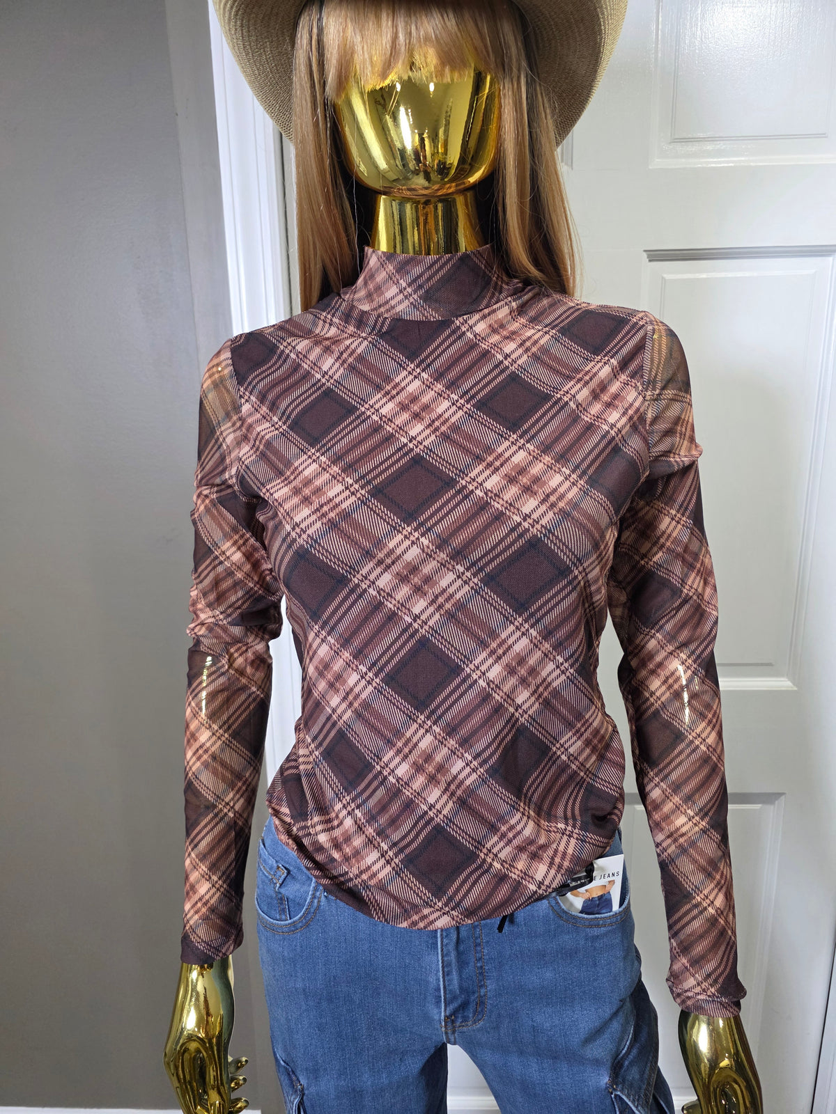Plaid Mock Neck Top