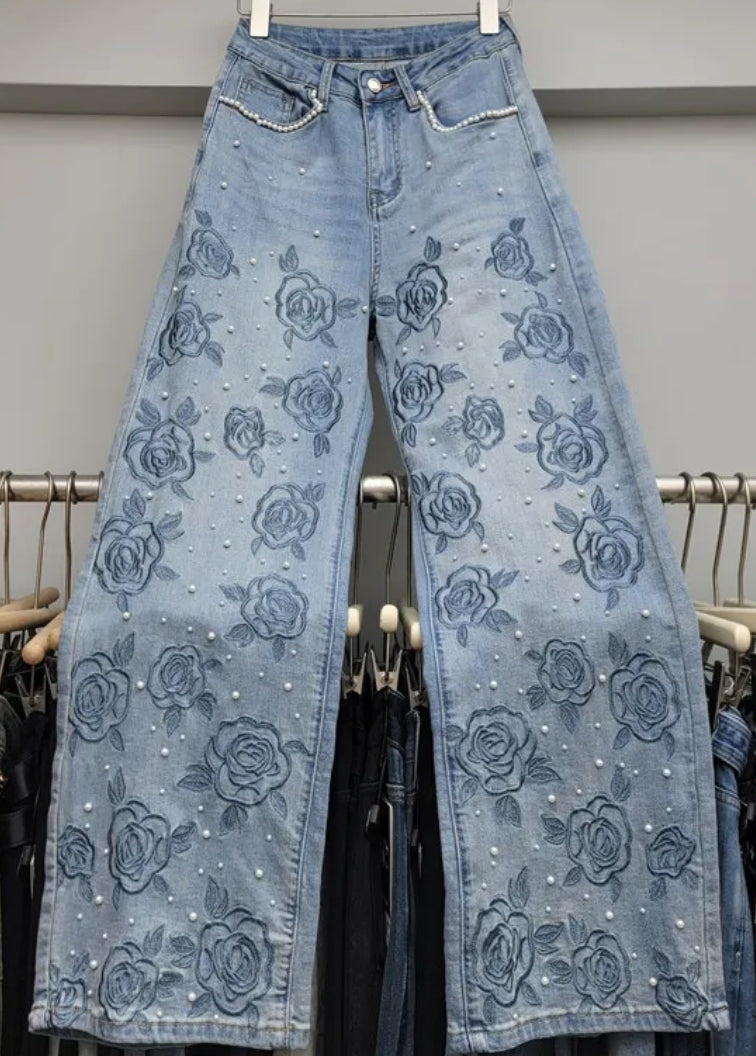 Rose Pearl Luxe Wide-Leg Denim Jeans
