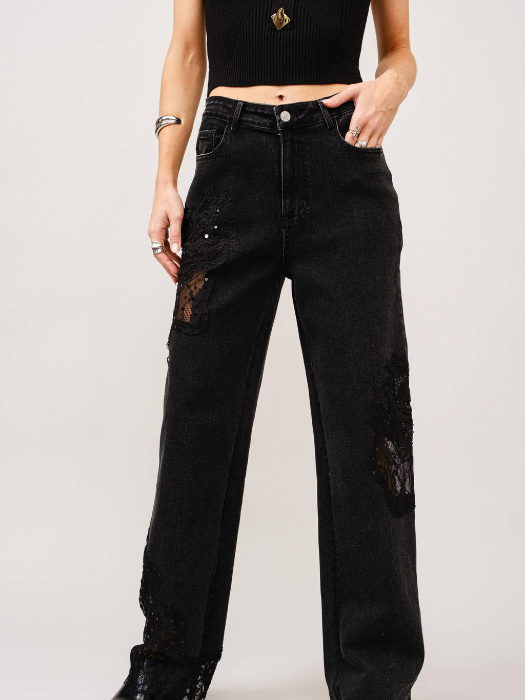 Lace Patchwork Straight Leg Jeans