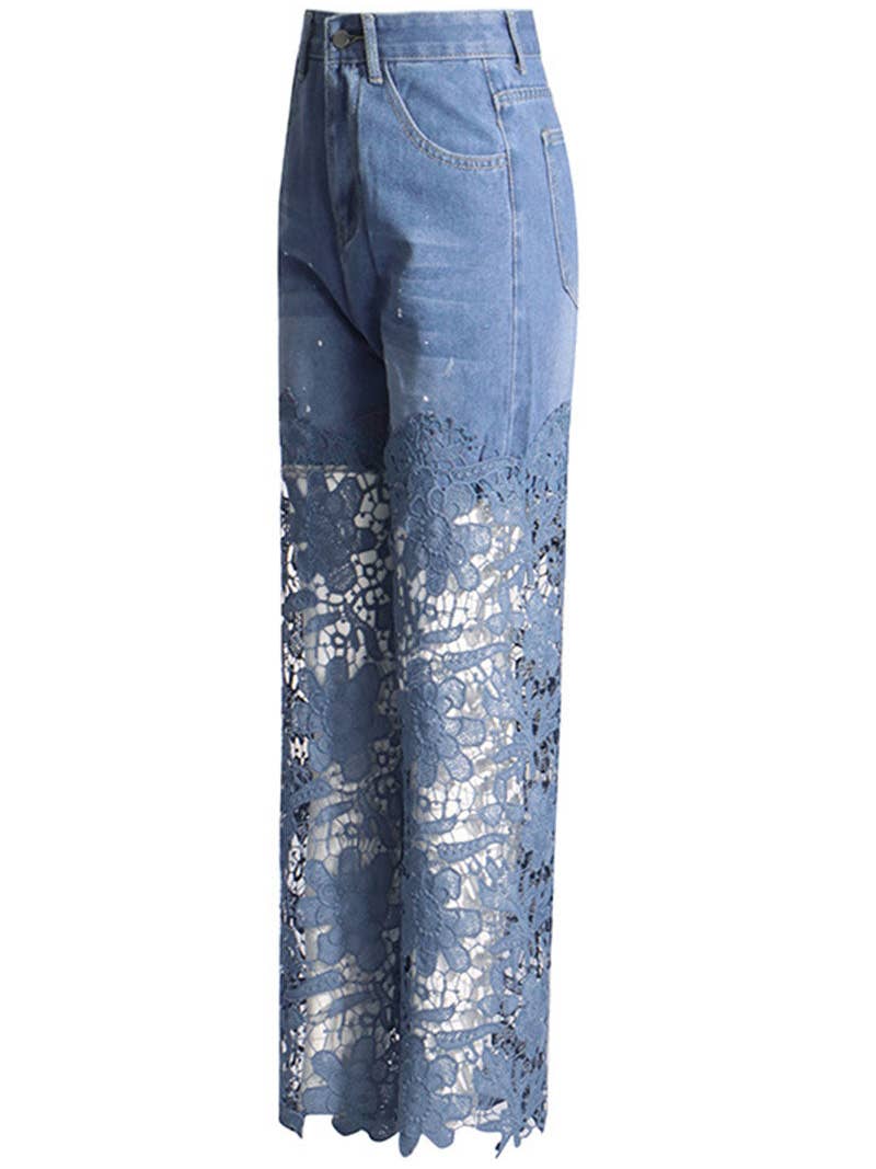 Lace Denim Wide-Leg Pants