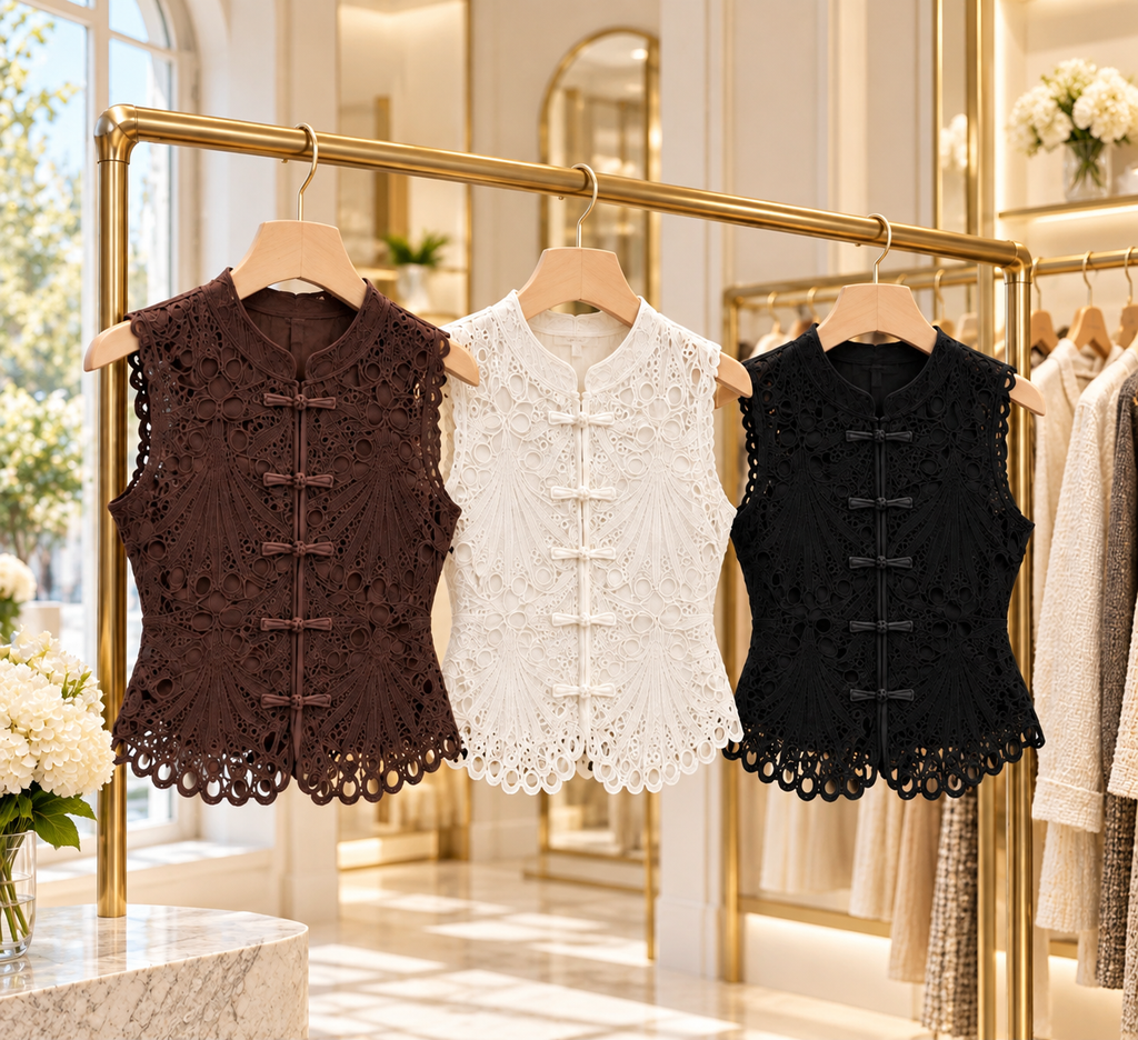 Mandarin Collar and Frog Clousure Front Lace Top
