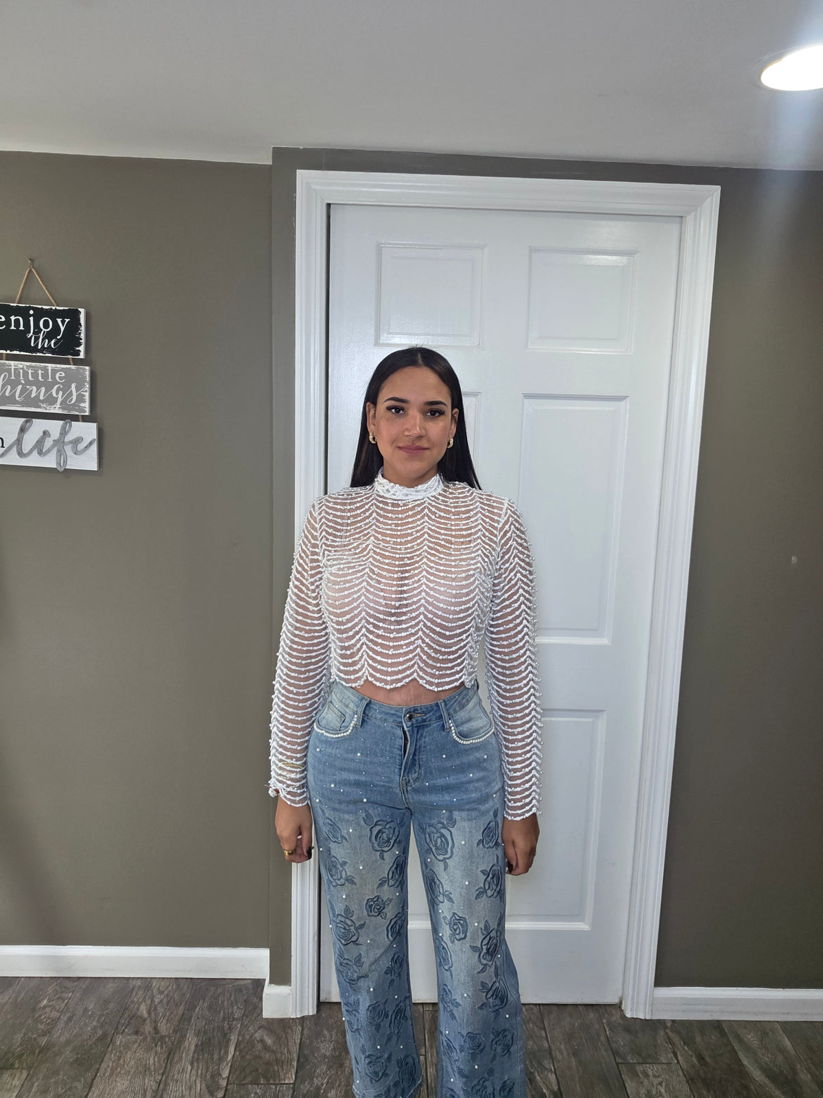 Pearl Cascade Mesh Top