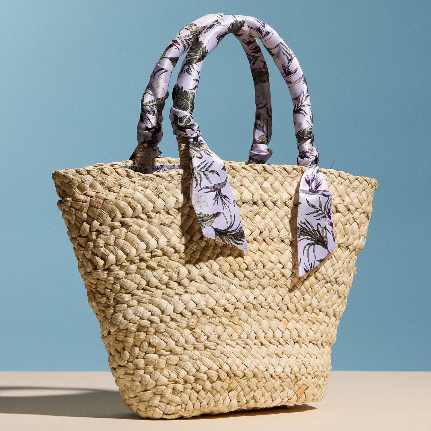 Raffia Mini Tote Bag with Floral Scarf Handles